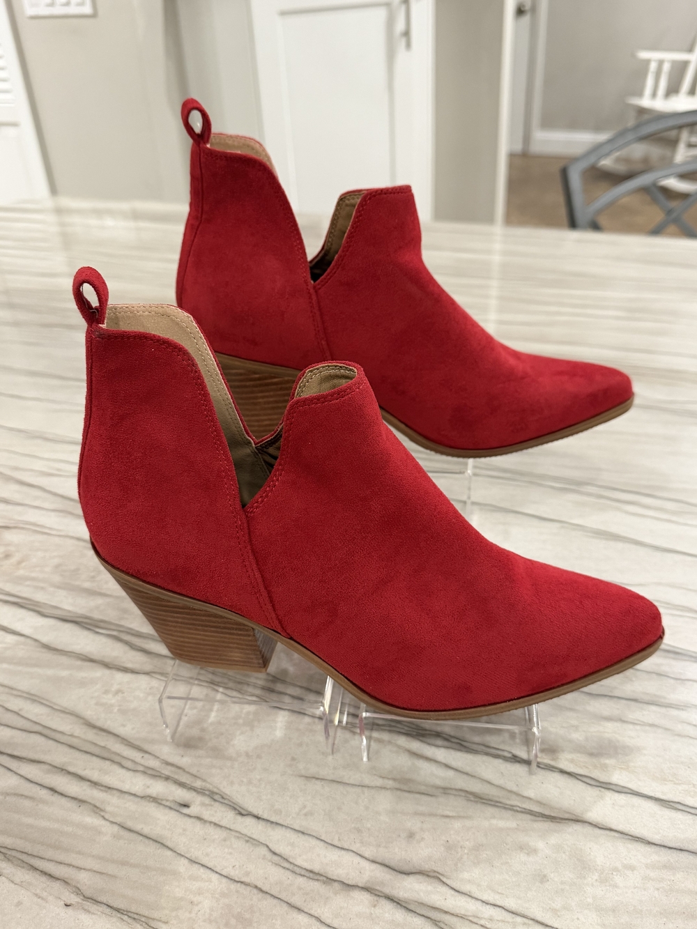 Red Suede Ankle Boots Pointed Toe Stacked Heel - Size 9